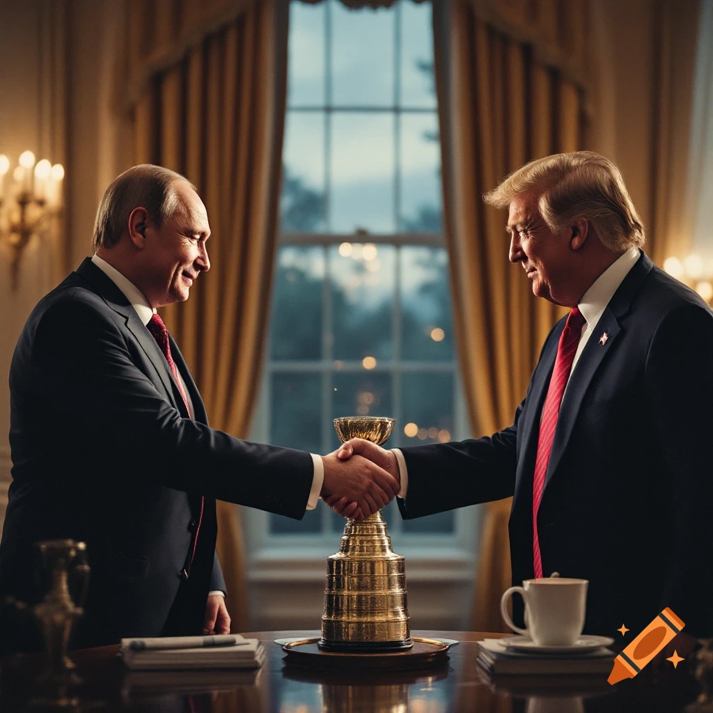 Photorealistic image of Vladimir Putin and Donald Trump shaking hands over the Stanley Cup trophy in the White House.