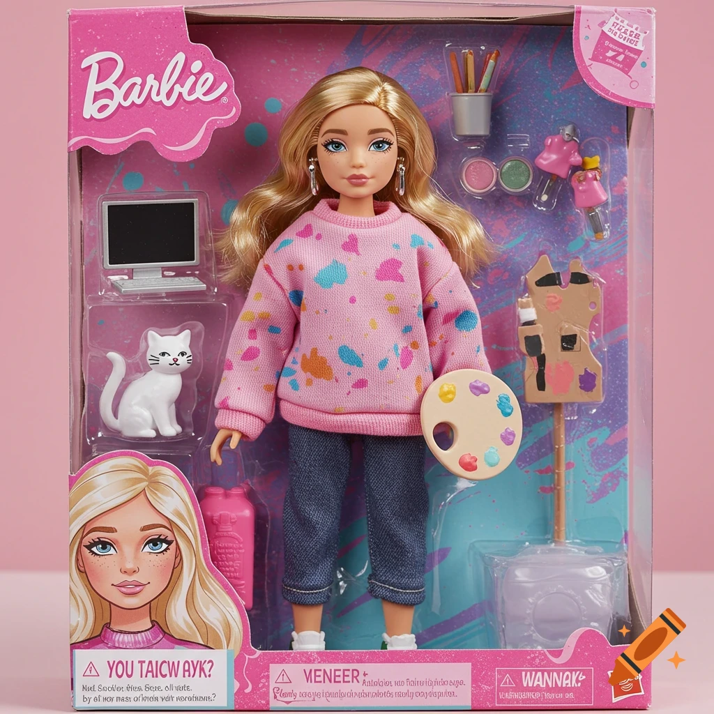 Barbie doll in a box wearing a pink paint-splattered sweatshirt, blue jeans, holding a palette, with a cat, computer, and art tools.