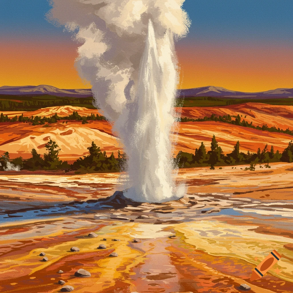 A geyser erupting in a colorful, rocky landscape at sunset.