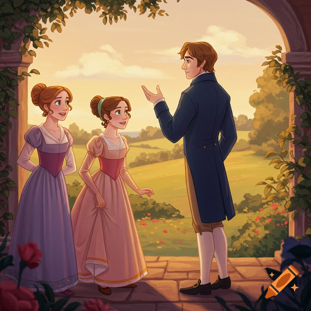 An illustration of three people in historical dress talking in a garden at sunset, in a Disney animated style.