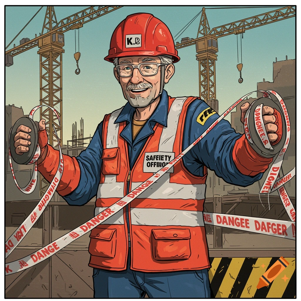 Comic book art of an elderly construction safety officer holding spools of caution tape at a construction site.