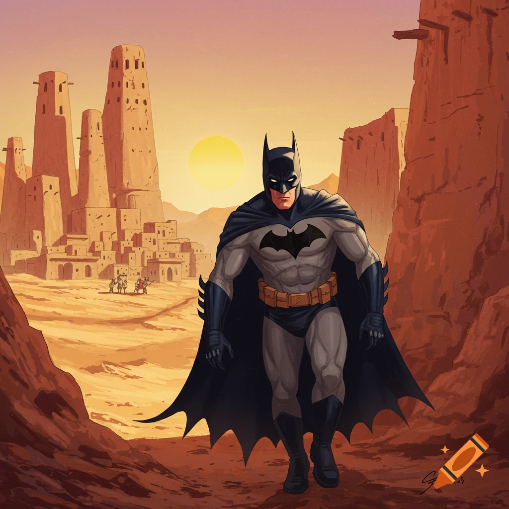 Batman standing in a desert landscape with adobe structures and a bright sun.