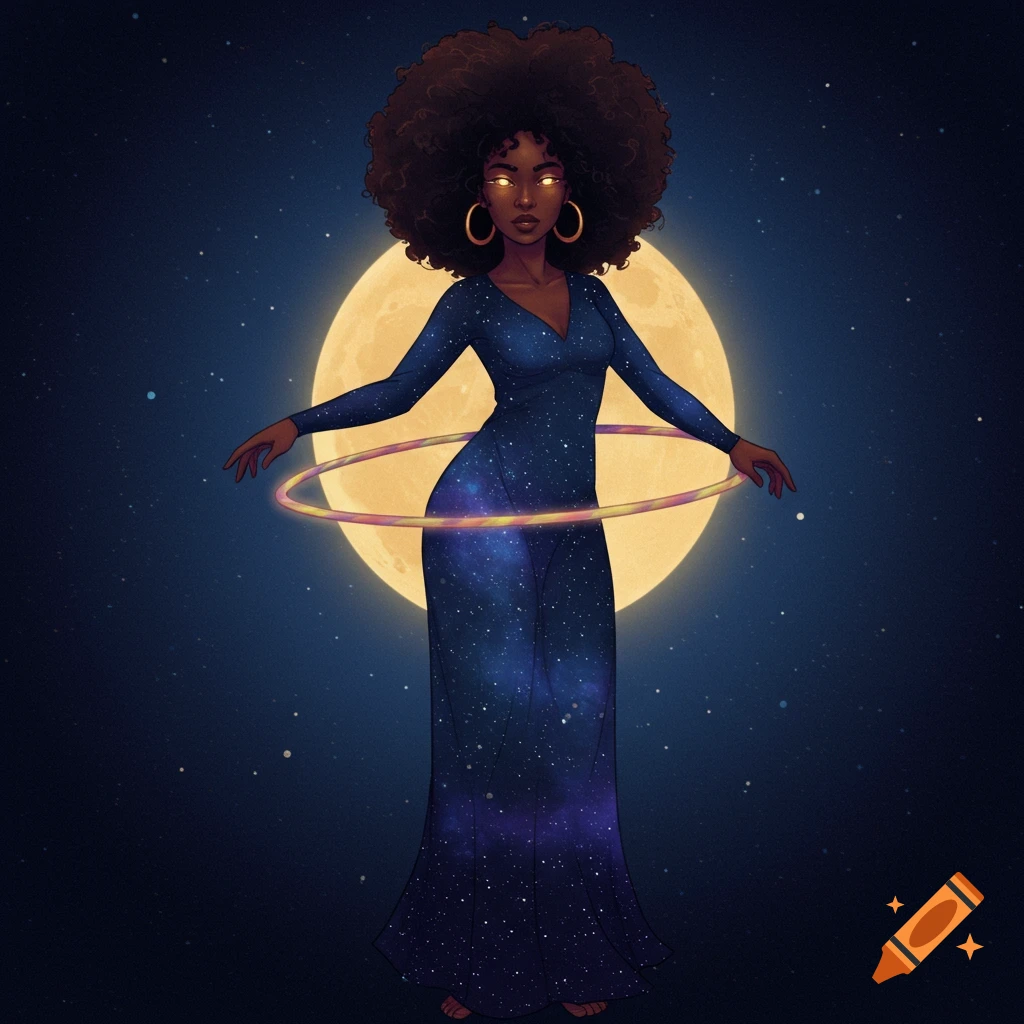 A woman with an afro and glowing eyes, wearing a starry dress, hula hoops a glowing ring in front of a full moon and starry sky.