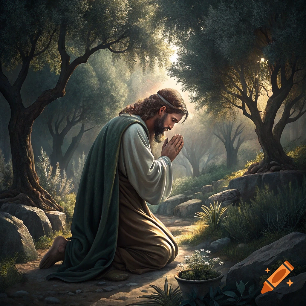Jesus Christ kneeling and praying in a lush garden.