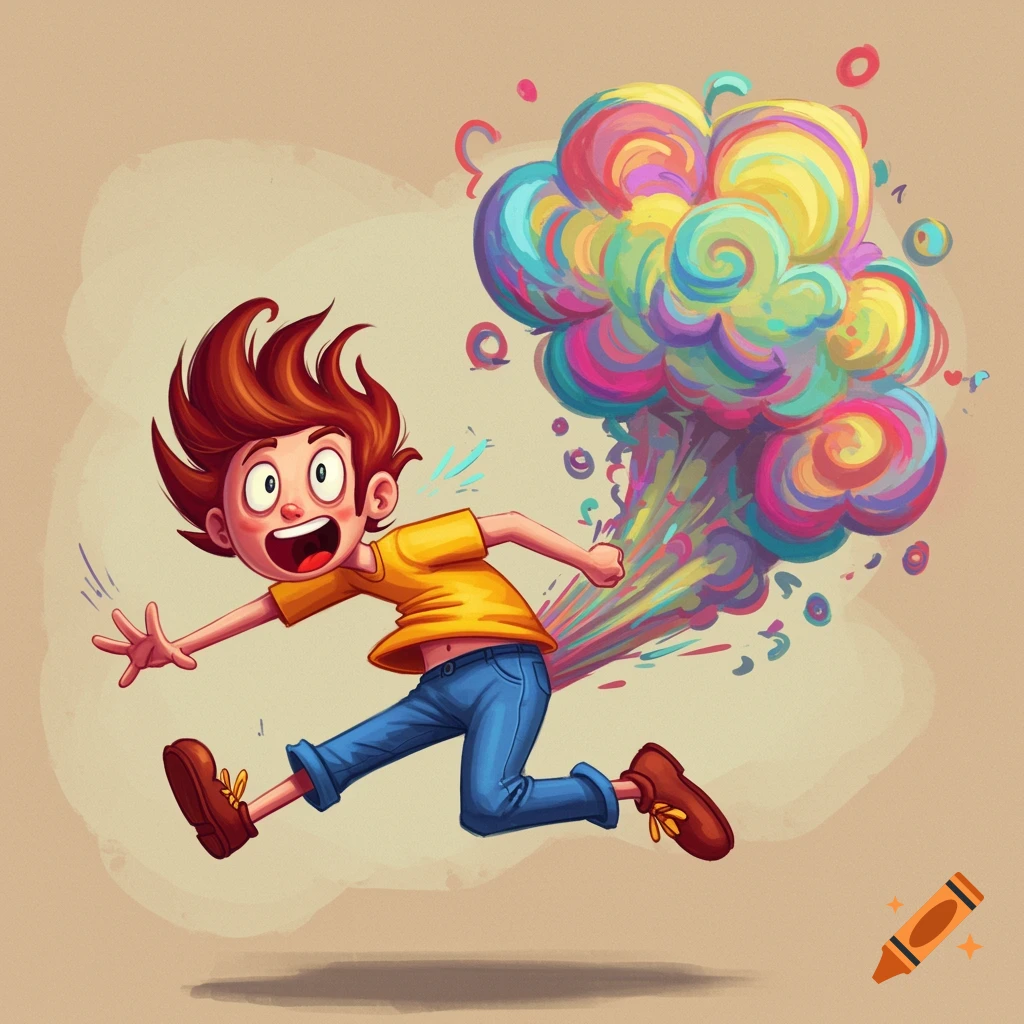 Cartoon boy running from a large colorful cloud coming from behind him