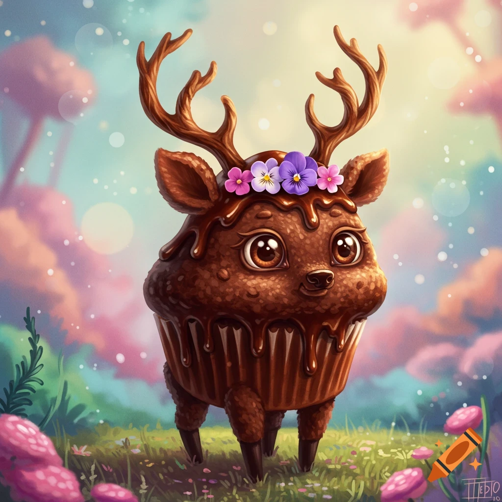 A cute chocolate muffin deer with flowers on its head in a fantasy landscape.