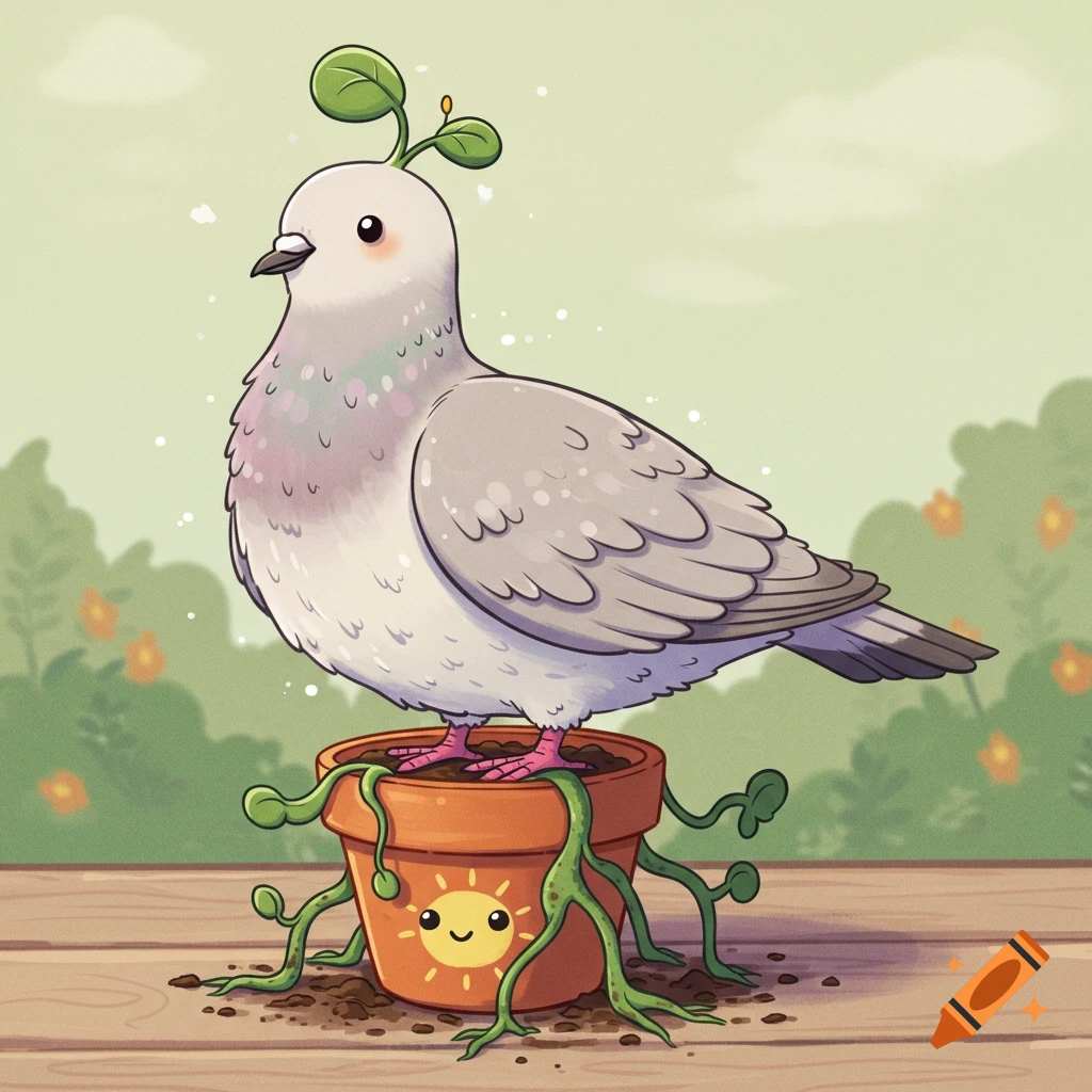 Cartoon dove-plant hybrid with root legs in a pot with a smiley face.