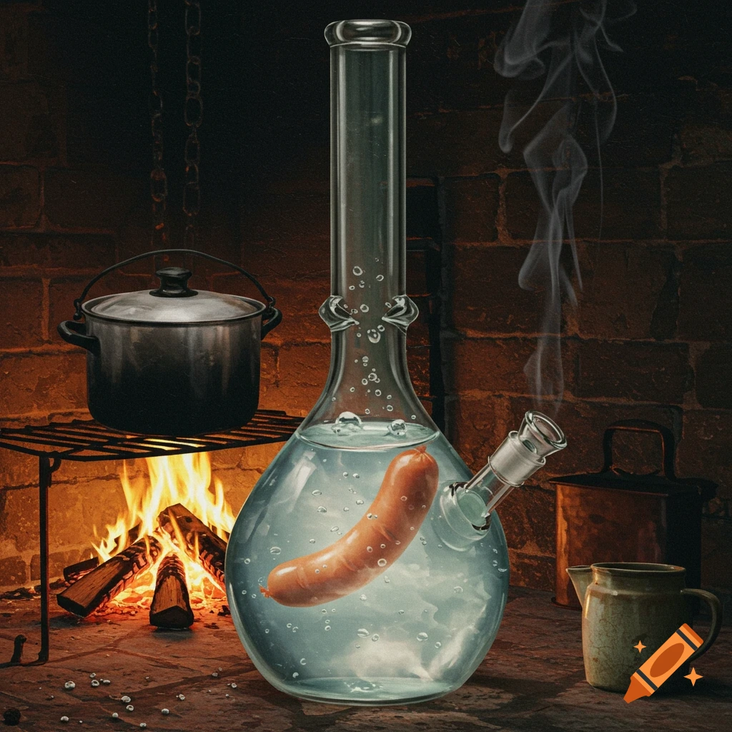 A surreal image of a hotdog boiling in a glass bong over a fireplace in a rustic kitchen.