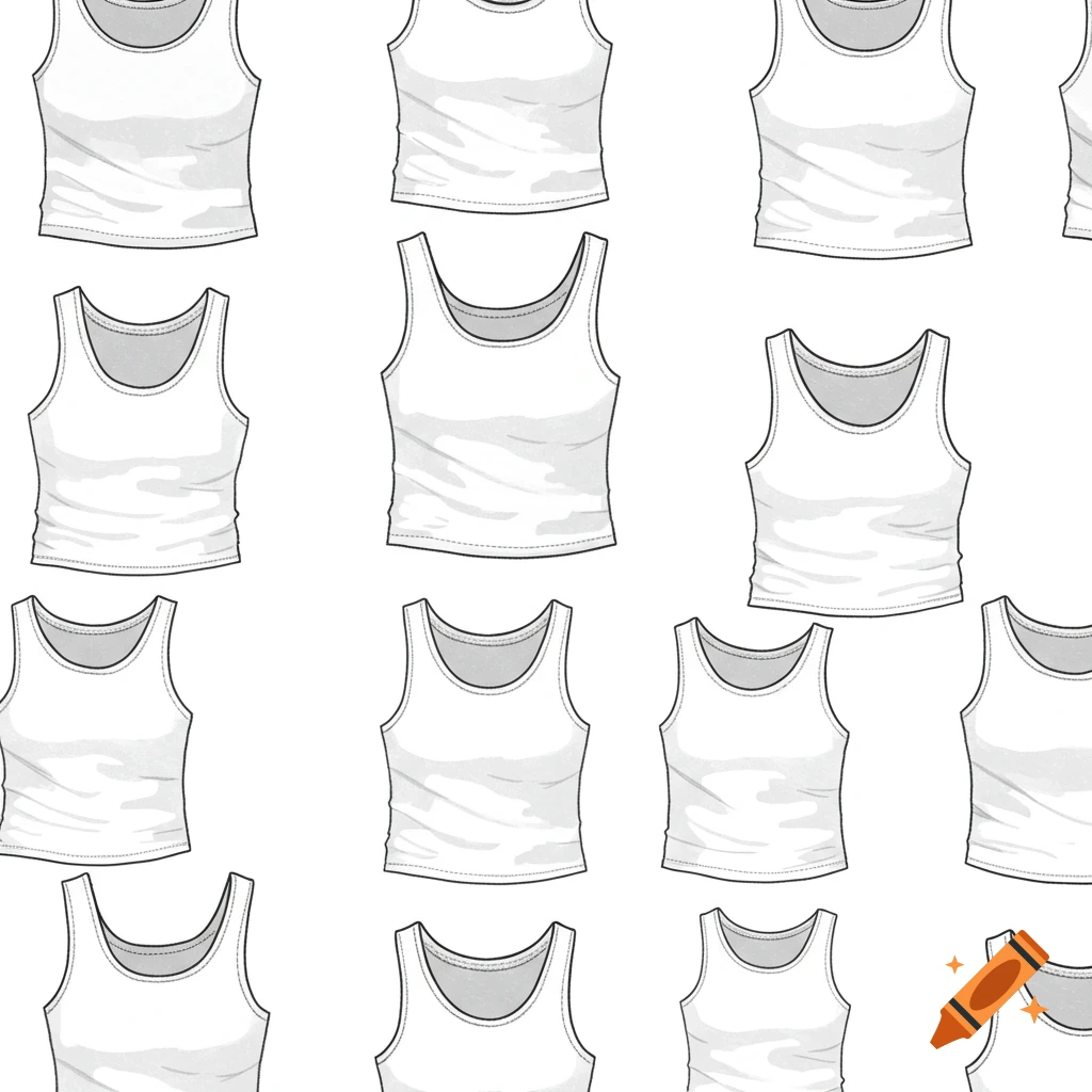 A seamless repeating pattern of sketch drawings of white tank tops.