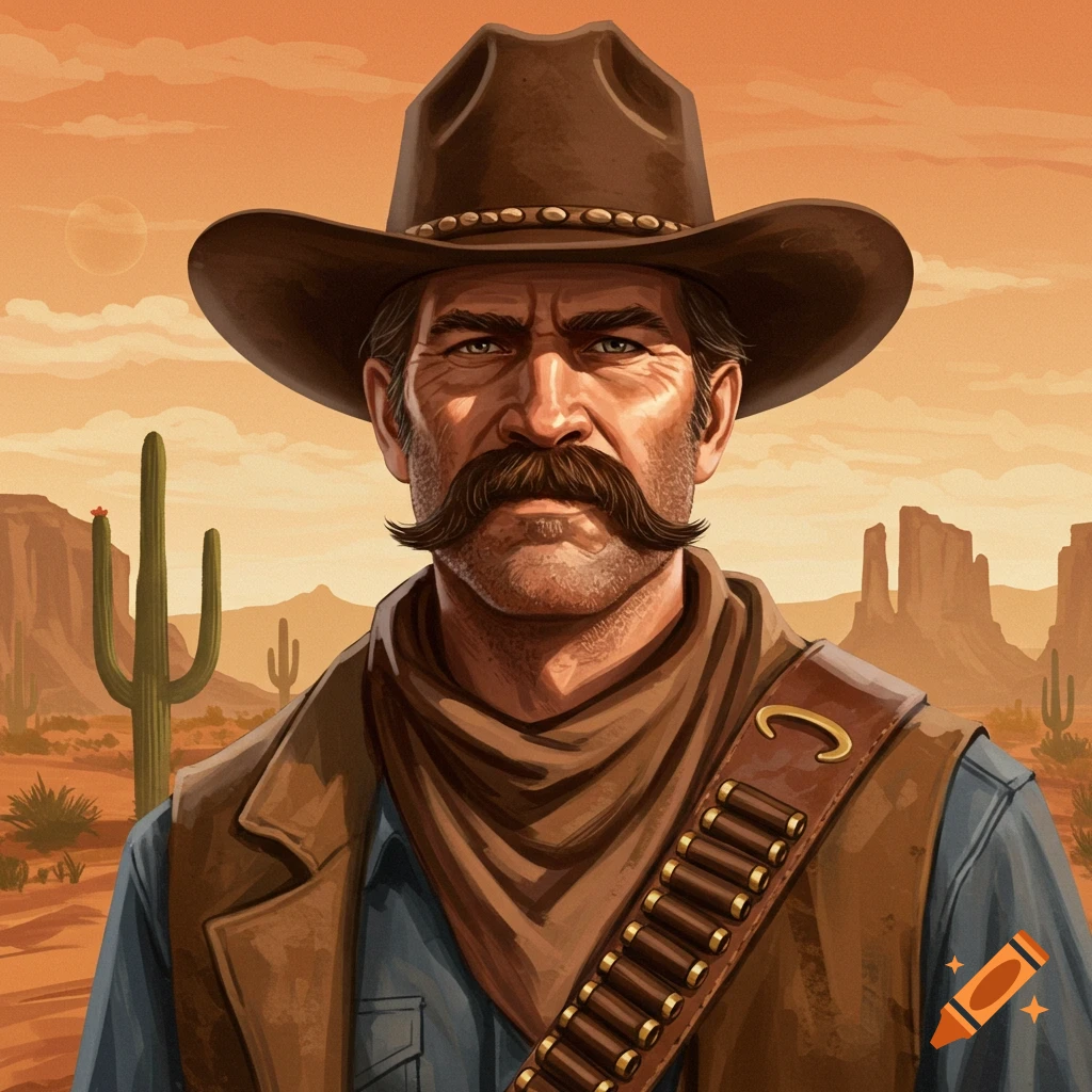 Image of a cowboy with a mustache, hat, scarf, and bandolier in a desert landscape.