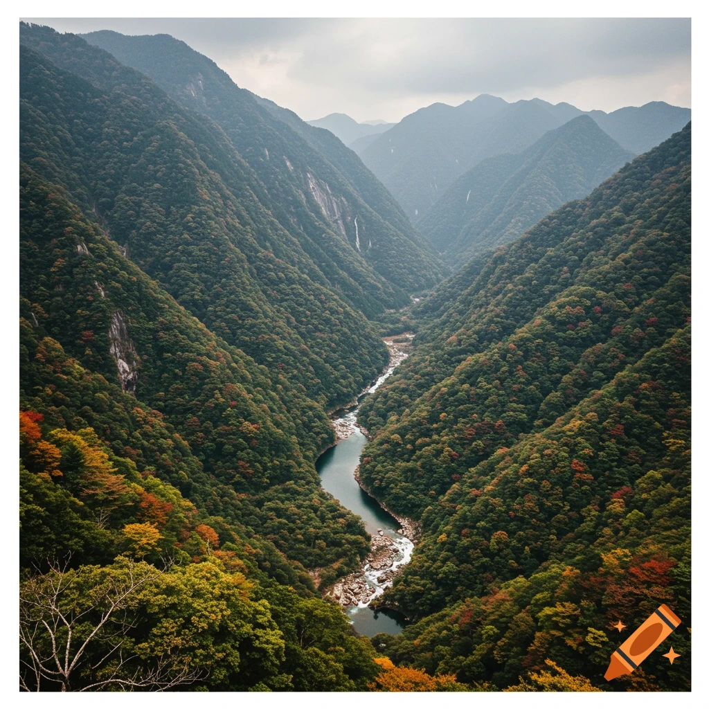 A river winding through a deep valley covered in forest with autumn colors.