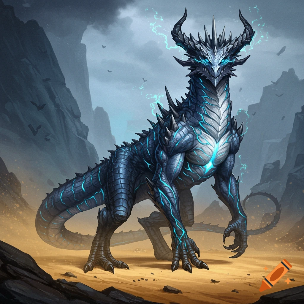 A large blue and silver dragon with glowing energy stands in a rocky landscape.
