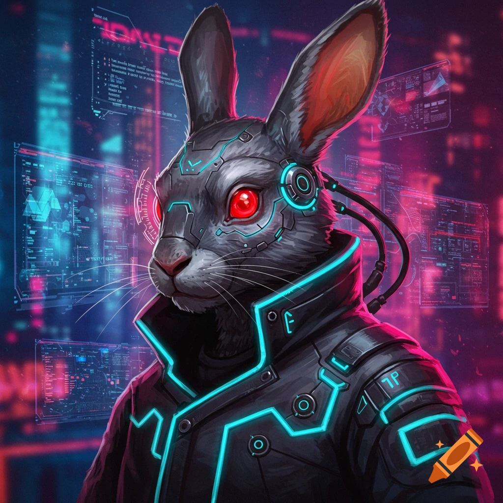 Cyberpunk rabbit character portrait with red eyes and glowing blue implants against a neon city background.