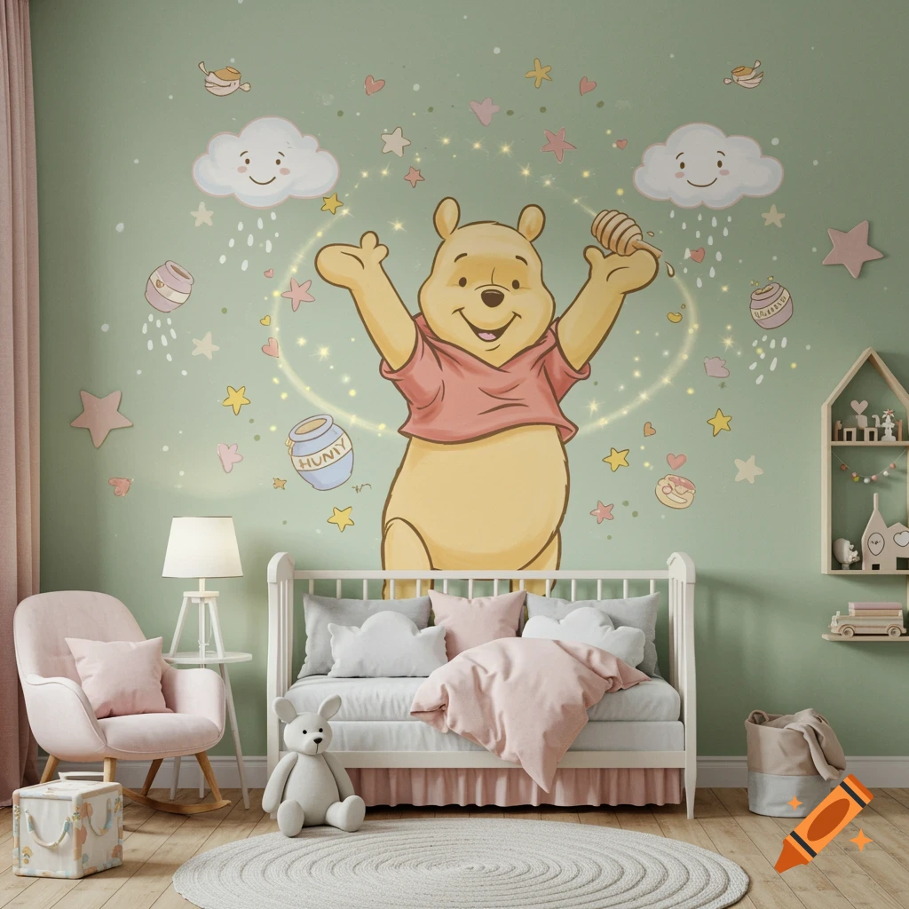 Digital illustration of Winnie the Pooh on a nursery wall with clouds and stars above a crib.