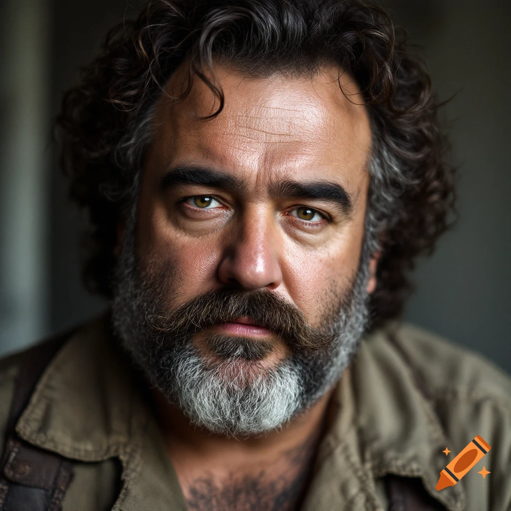 Close-up photorealistic portrait of a man with curly brown hair and a graying beard, looking intensely at the camera.