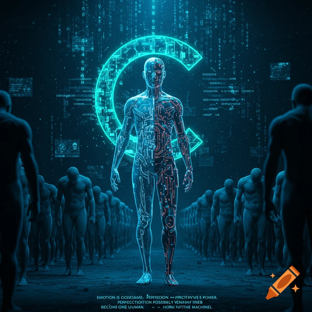 Digital art of a glowing half-human, half-machine figure before a crowd, with a neon 'C' and data streams.