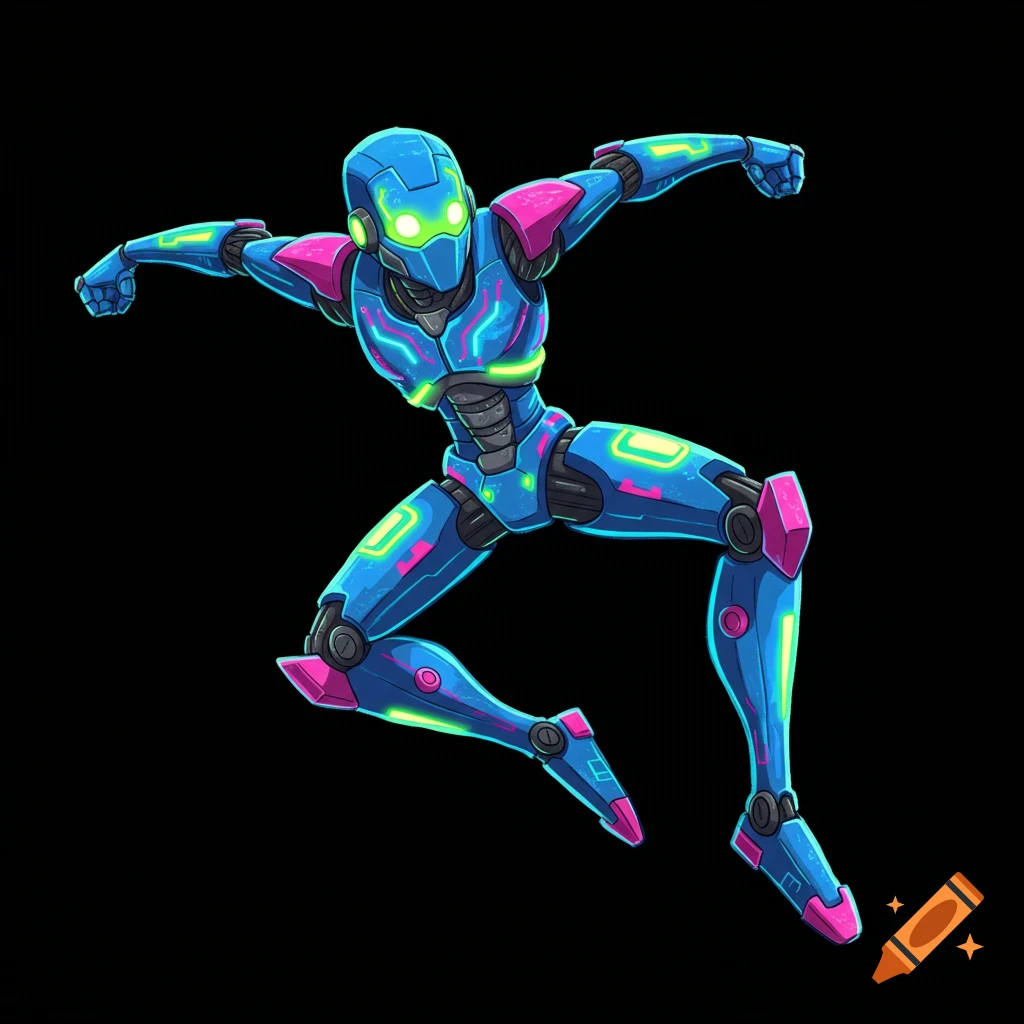 A stylized blue and pink robot ninja leaps dynamically.