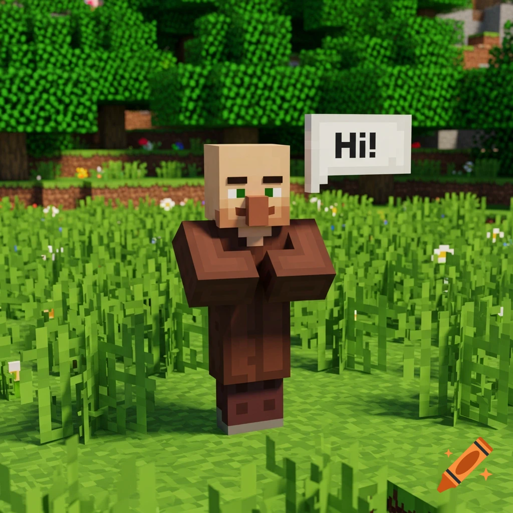 A Minecraft villager stands in a field with a speech bubble that says 'Hi!'.