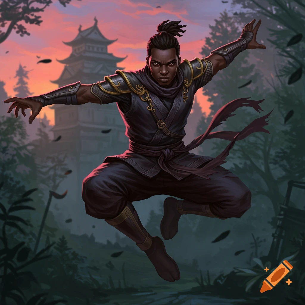 A black ninja in a dynamic pose leaps in front of a Japanese temple at sunset.