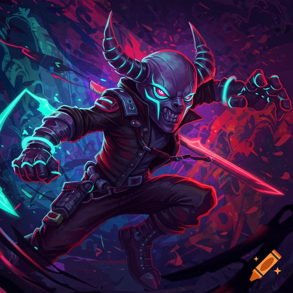 Stylized character with horns, glowing mask, and cybernetic elements in a dynamic pose, digital art.