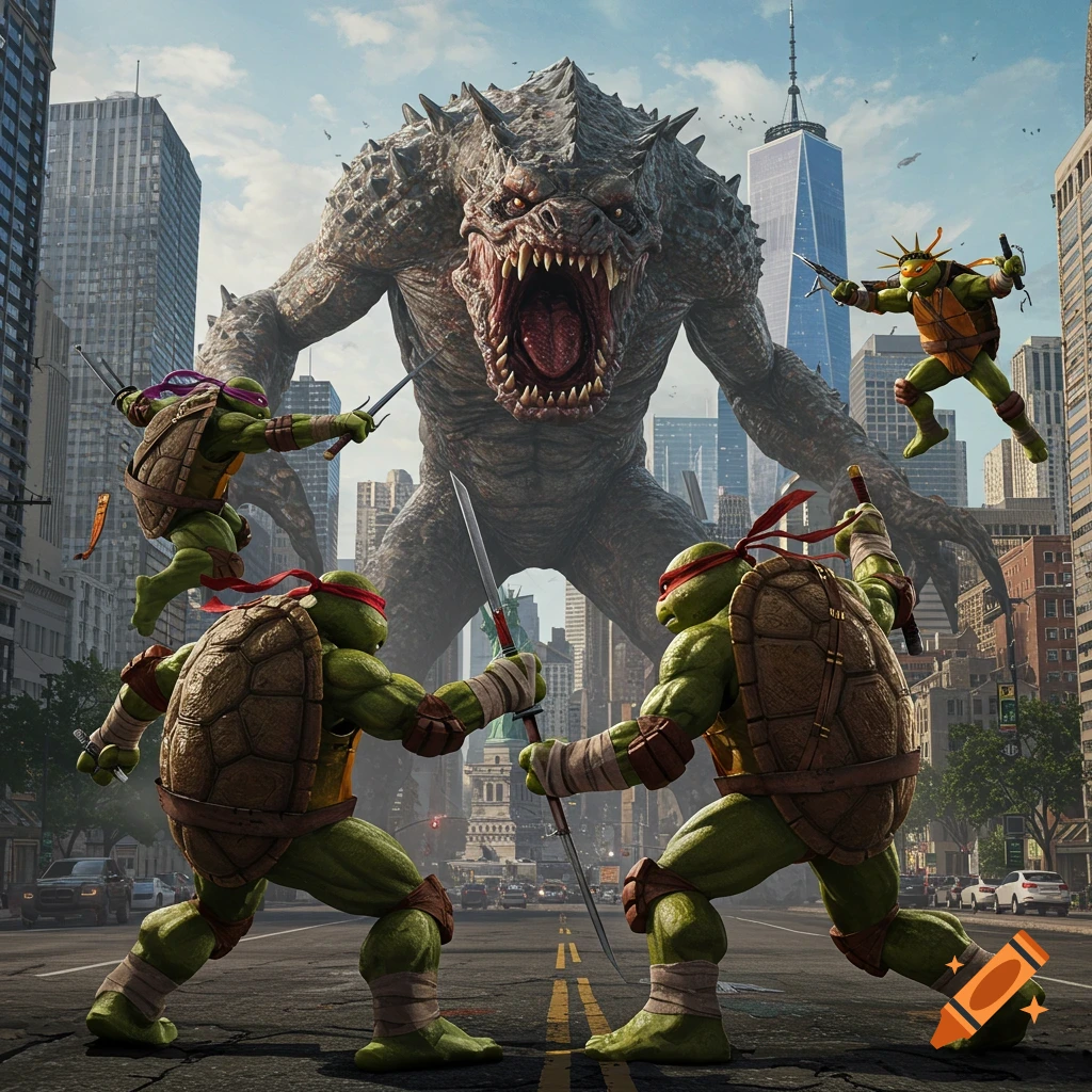 Teenage Mutant Ninja Turtles fight a giant monster in a realistic illustration of New York City