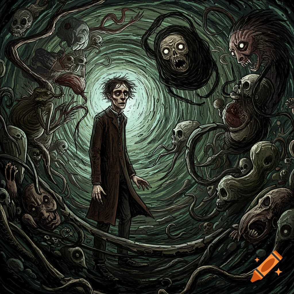 A man stands in a swirling vortex surrounded by distorted figures and skulls in a dark, unsettling illustration.