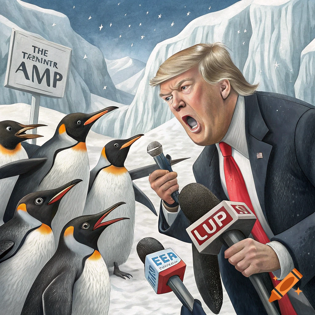 Illustration of Donald Trump giving a speech to a group of penguins in a snowy landscape.