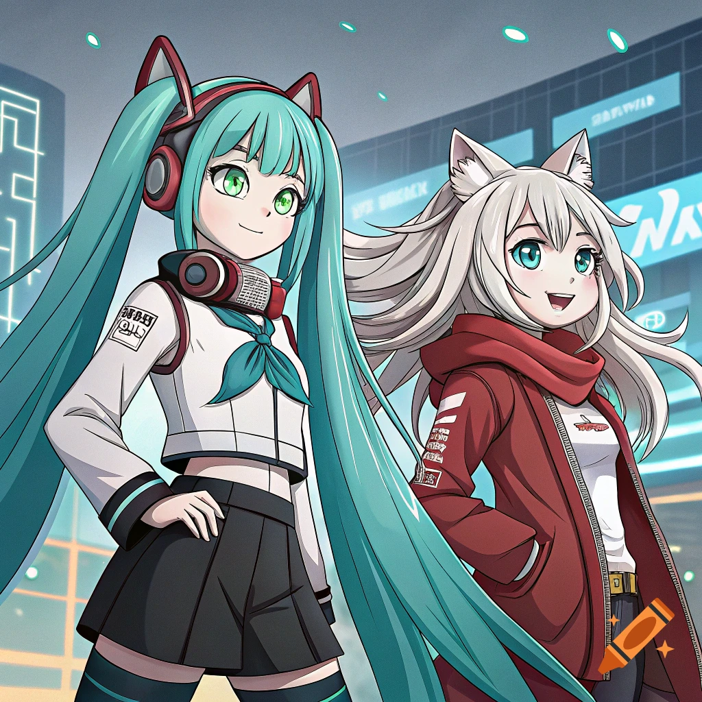 Two anime characters, one with long teal hair and headphones, the other with white hair and a red hoodie, in an urban setting. Anime style.