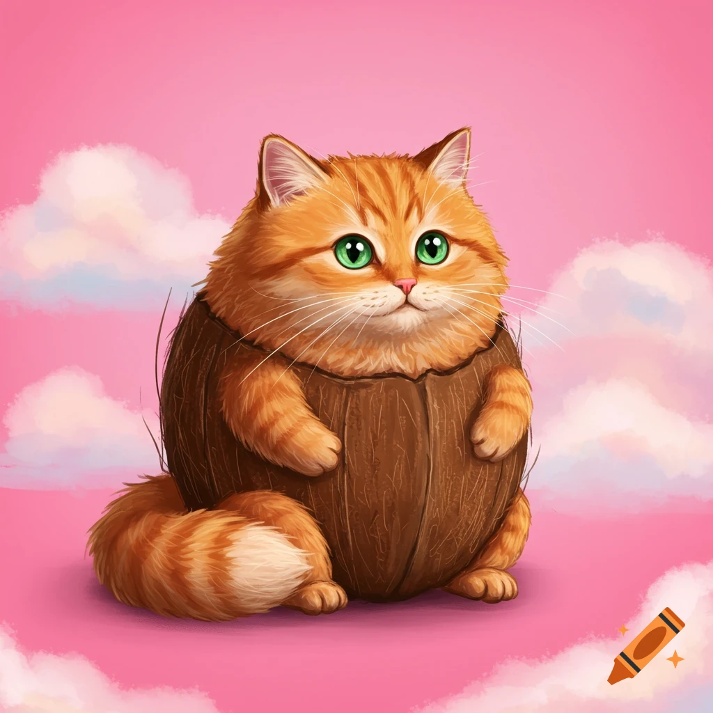 A fluffy orange tabby cat inside a coconut shell on a pink background with clouds.