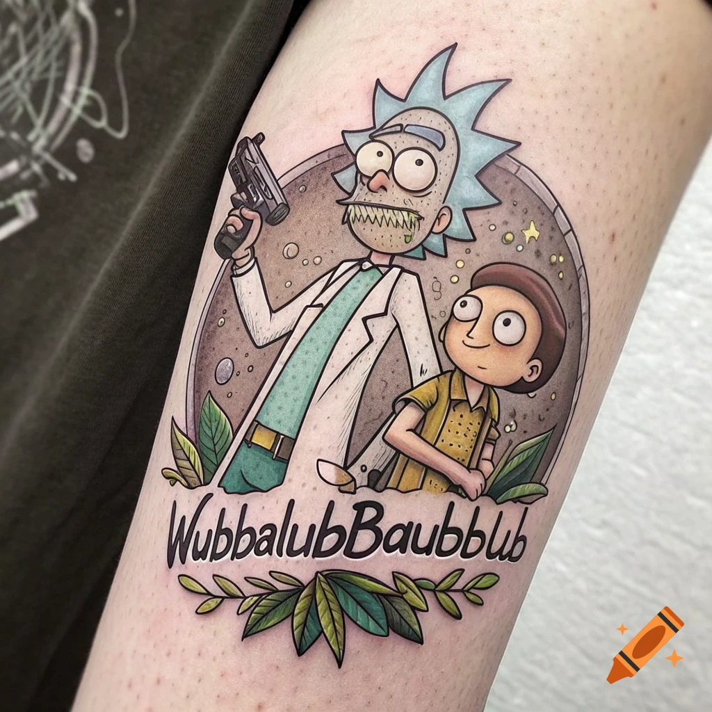 Tattoo of Rick and Morty characters with text 'WubbalubBaubblub' and leaves on a person's arm.