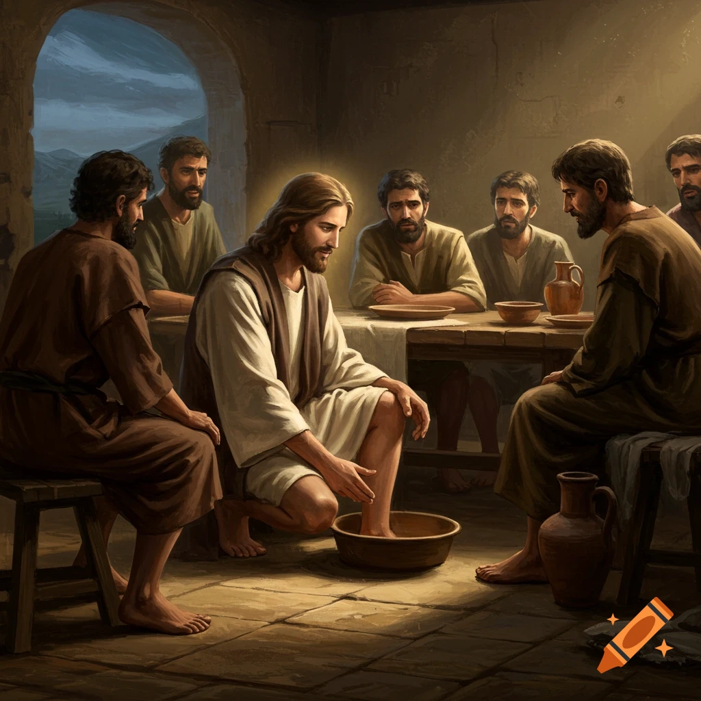 Jesus washing the feet of his disciples.