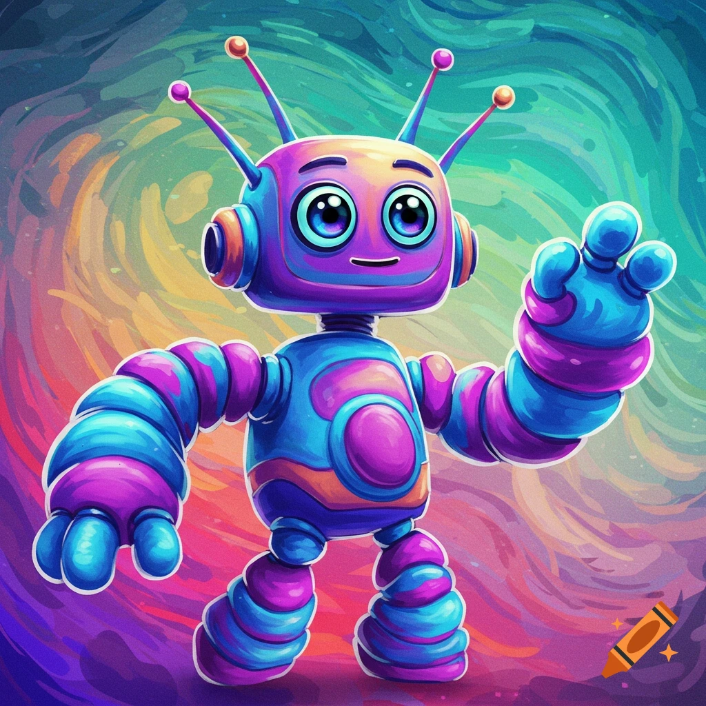 A colorful cartoon robot with antennae stands against a swirling abstract background.