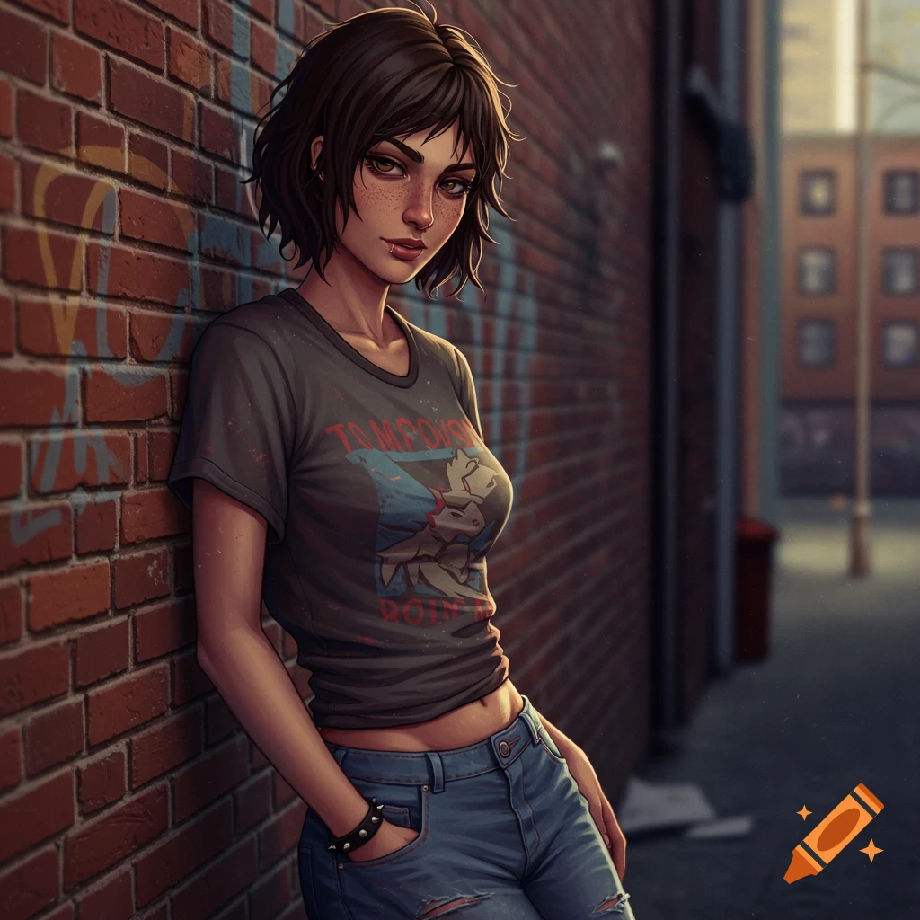 A young woman leaning against a brick wall in an urban setting.