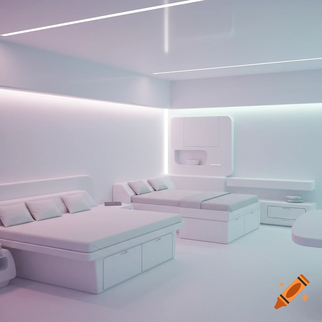 Minimalist futuristic room with two beds and gradient lighting