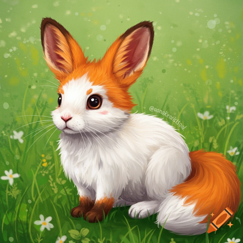 A cute cartoon fawn and rabbit hybrid stands in a meadow with flowers ...