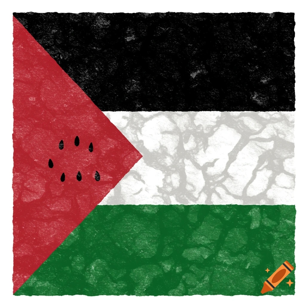 Stylized illustration of the Palestine flag with a watermelon triangle and textured stripes.