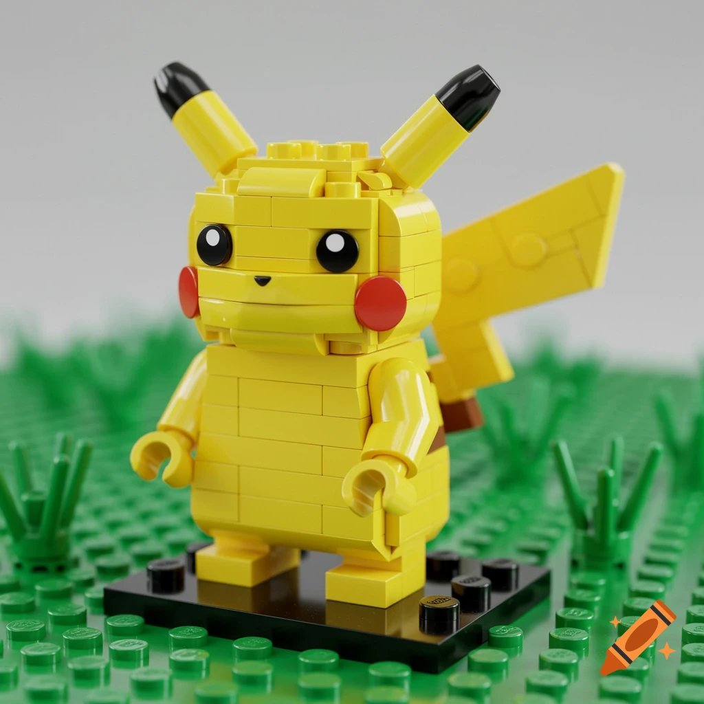 A LEGO figure of Pikachu stands on a green LEGO baseplate.