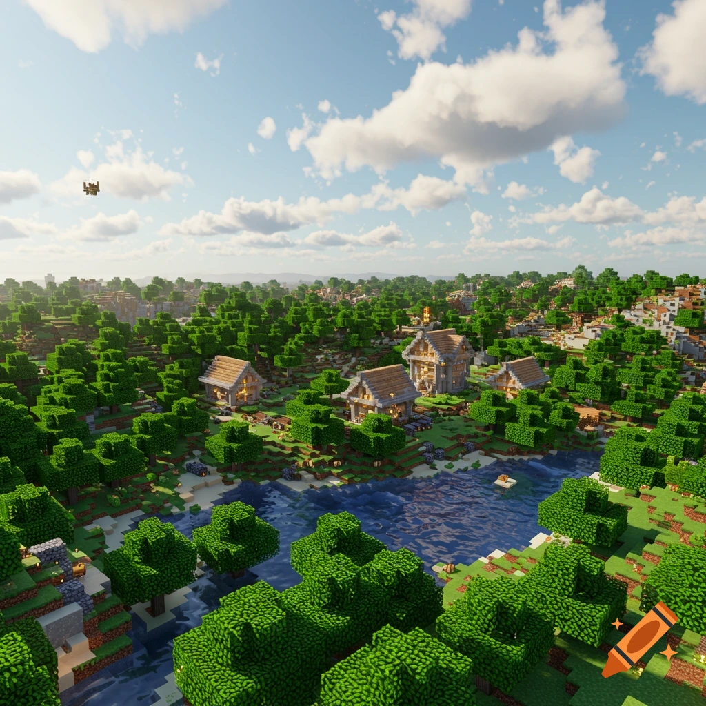 Blocky landscape scene in a Minecraft-like style with houses, trees, a lake, and a flying object under a cloudy sky.