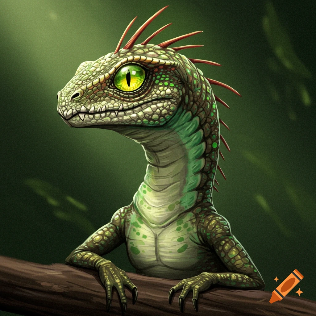 A fantasy reptilian creature with green and yellow eyes rests on a log.