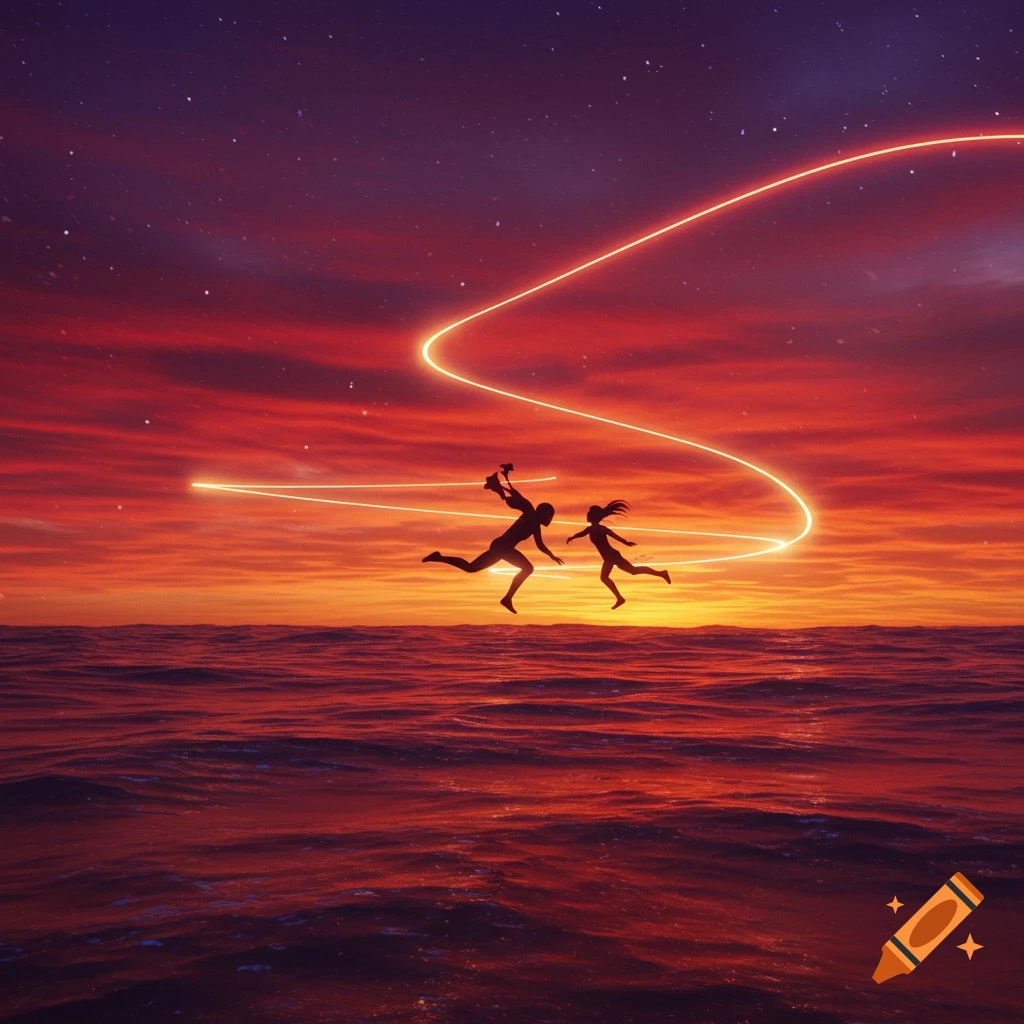 Silhouettes of two people jumping over water at sunset with light trails against a starry sky.