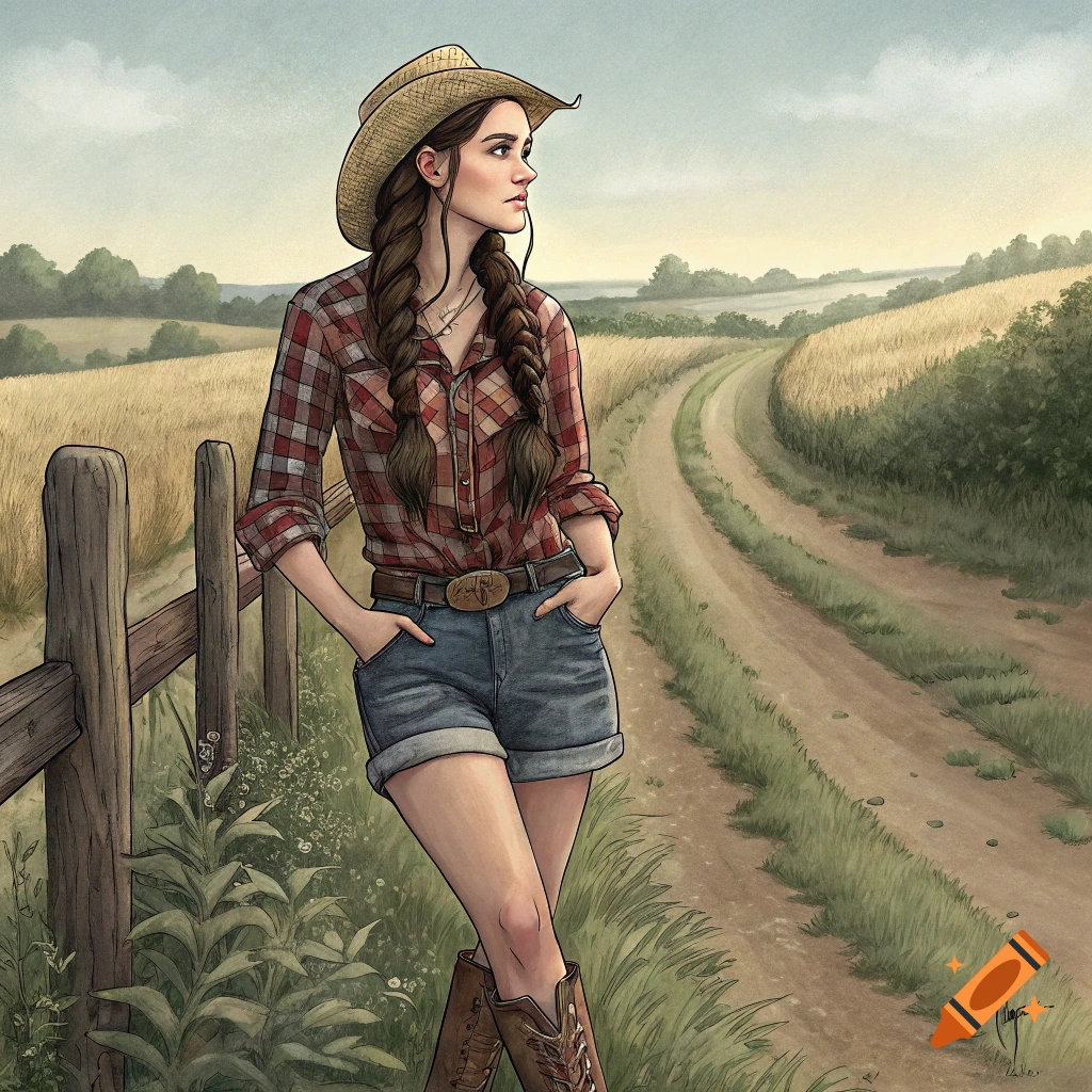 Illustration of a woman in a cowboy hat, plaid shirt, denim shorts, and boots standing by a fence in a rural field.