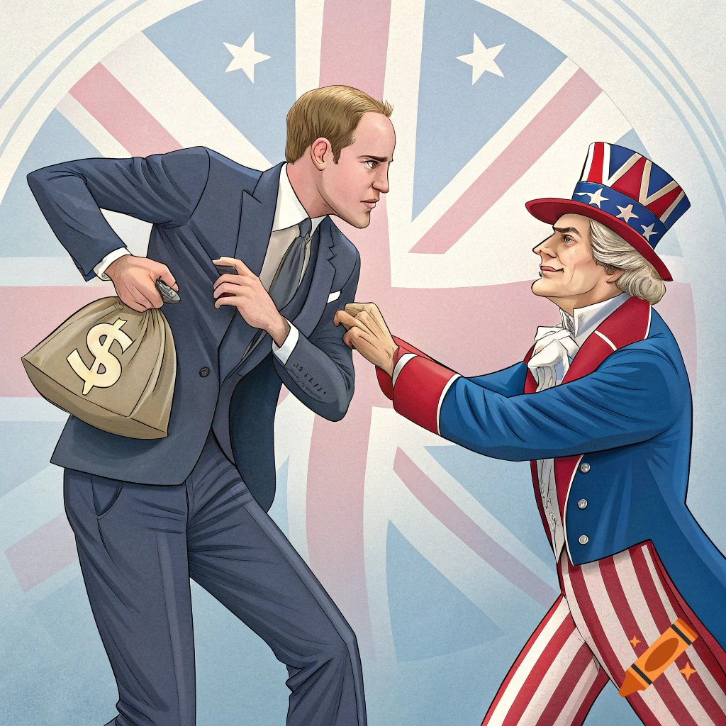 Stylized illustration of Prince William with a money bag being confronted by Uncle Sam in front of a Union Jack background.
