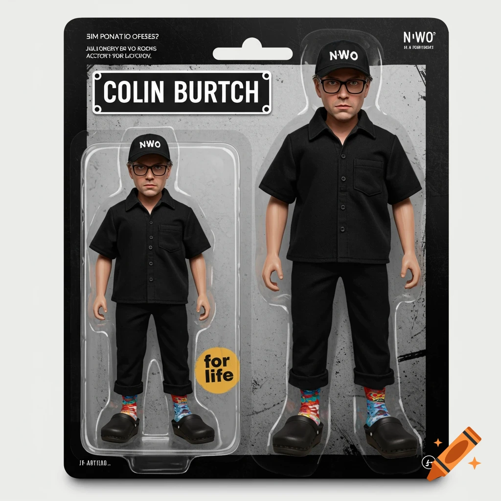 Two action figures in packaging, one large and one small, featuring a man in black clothes, NWO cap, glasses, colorful socks, and clogs.