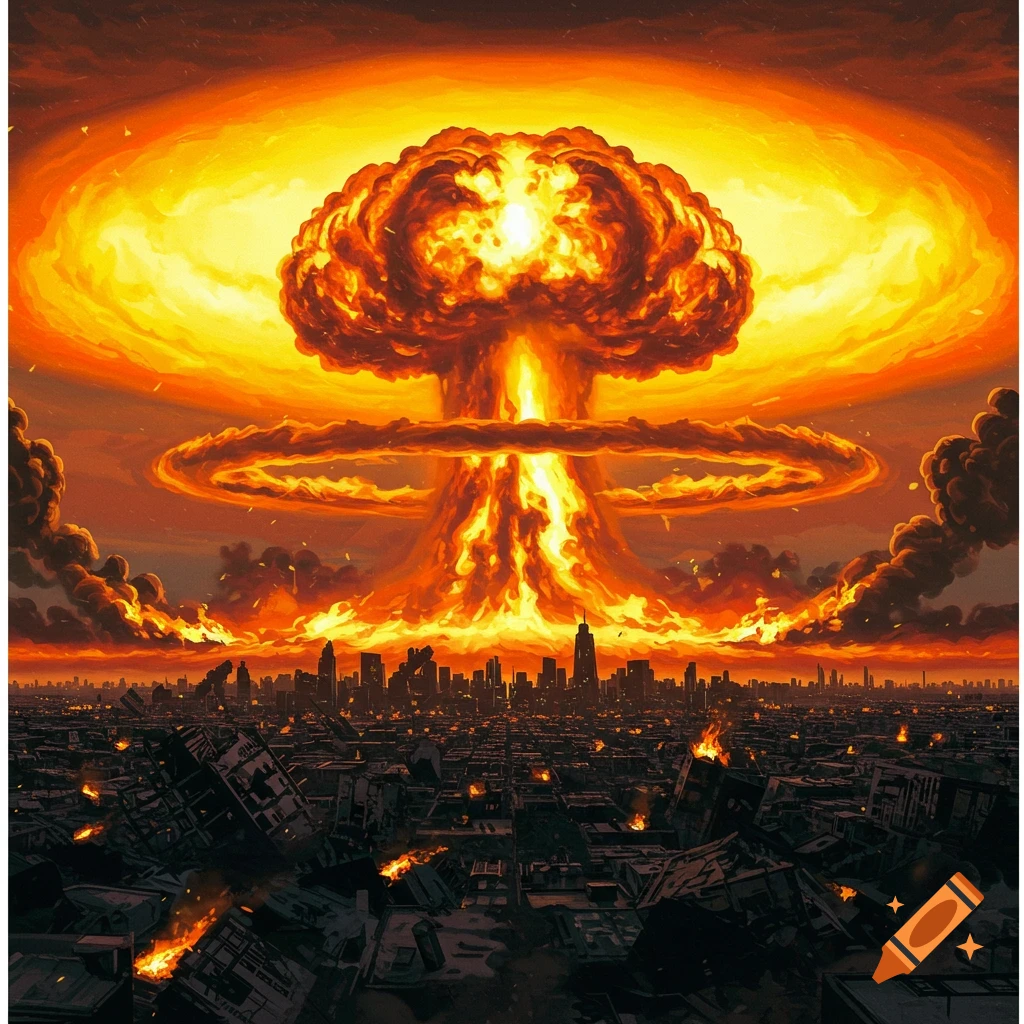 A nuclear mushroom cloud rises over a ruined city.