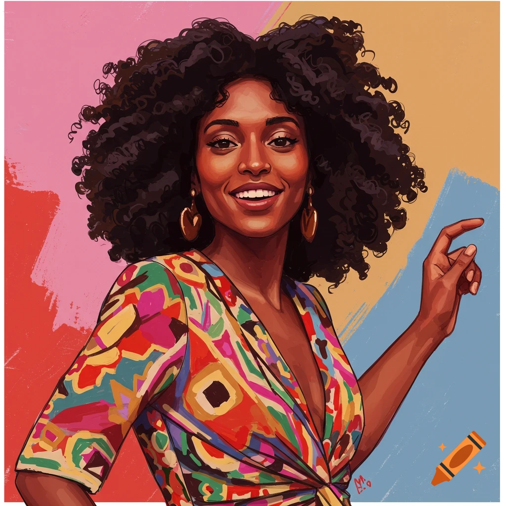 A smiling woman with afro hair in a colorful dress.