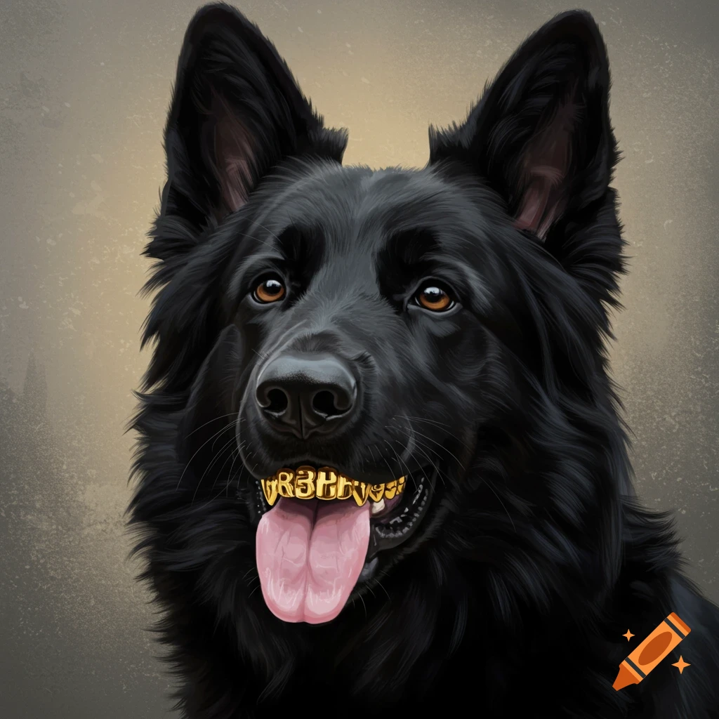 A black German Shepherd dog is wearing gold grillz.