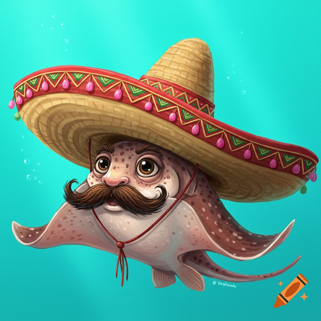 A cartoon skate fish wearing a mustache and a sombrero