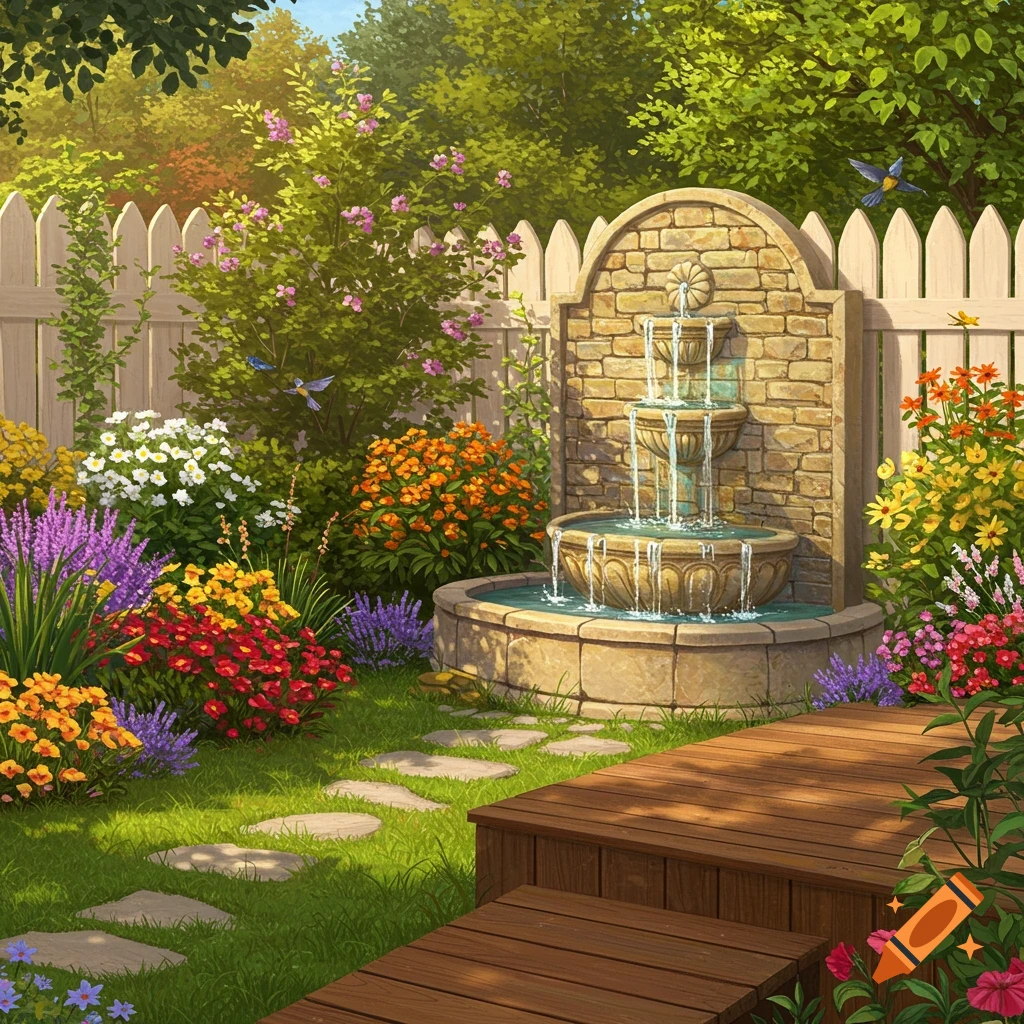 A lush garden backyard with a stone wall fountain, colorful flowers, and a wooden deck.