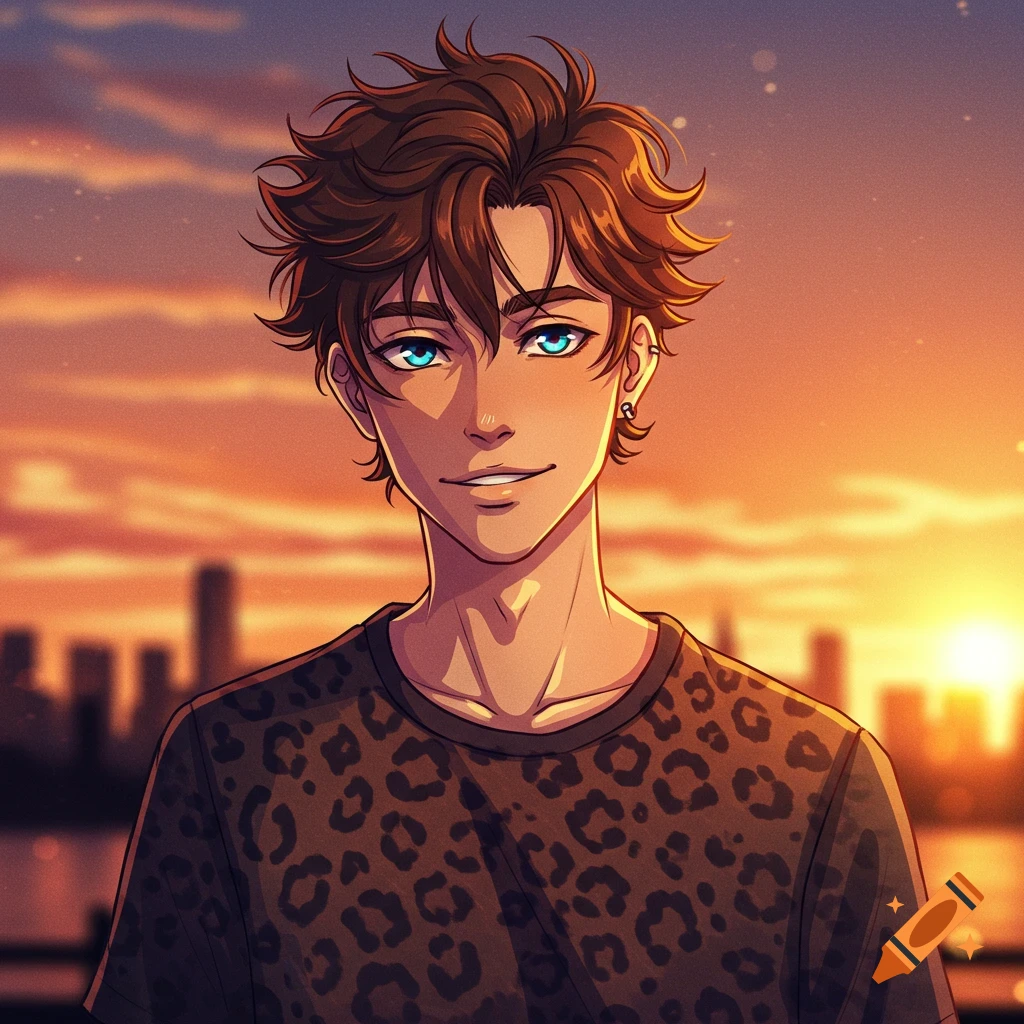 Anime portrait of a smiling boy with brown hair and blue eyes in front of a city at sunset.