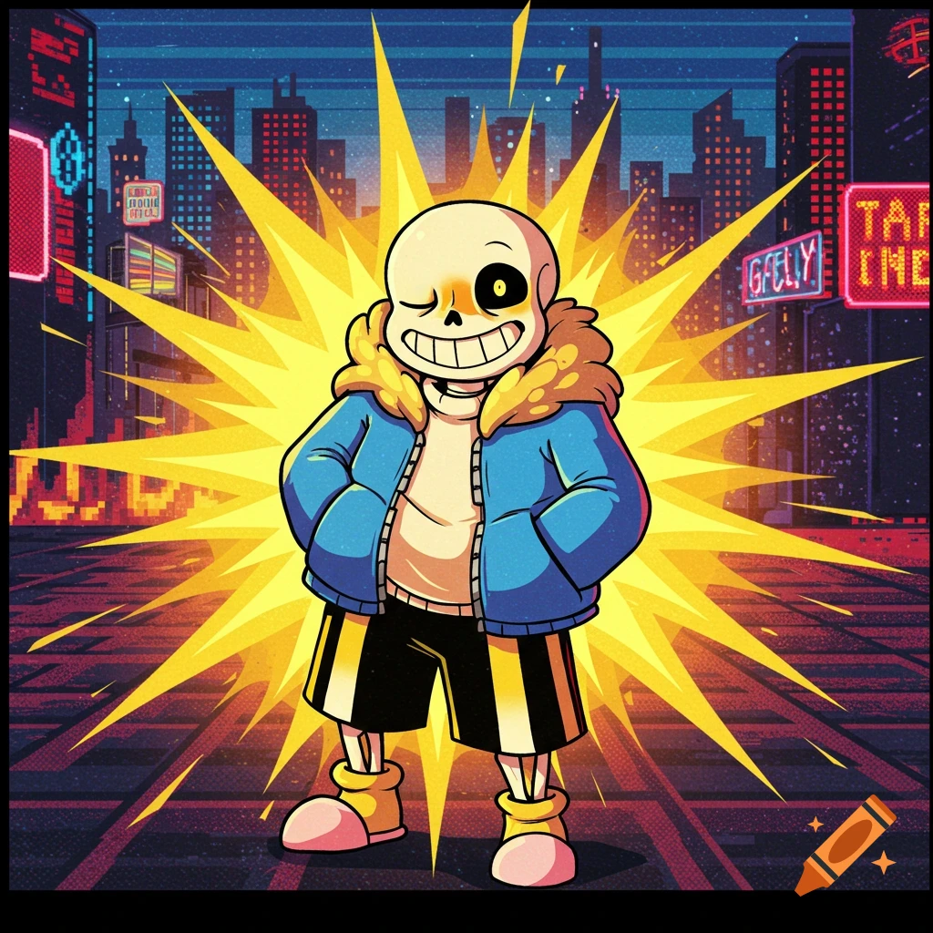 Sans from Undertale is winking against a yellow energy burst and retro cityscape background.
